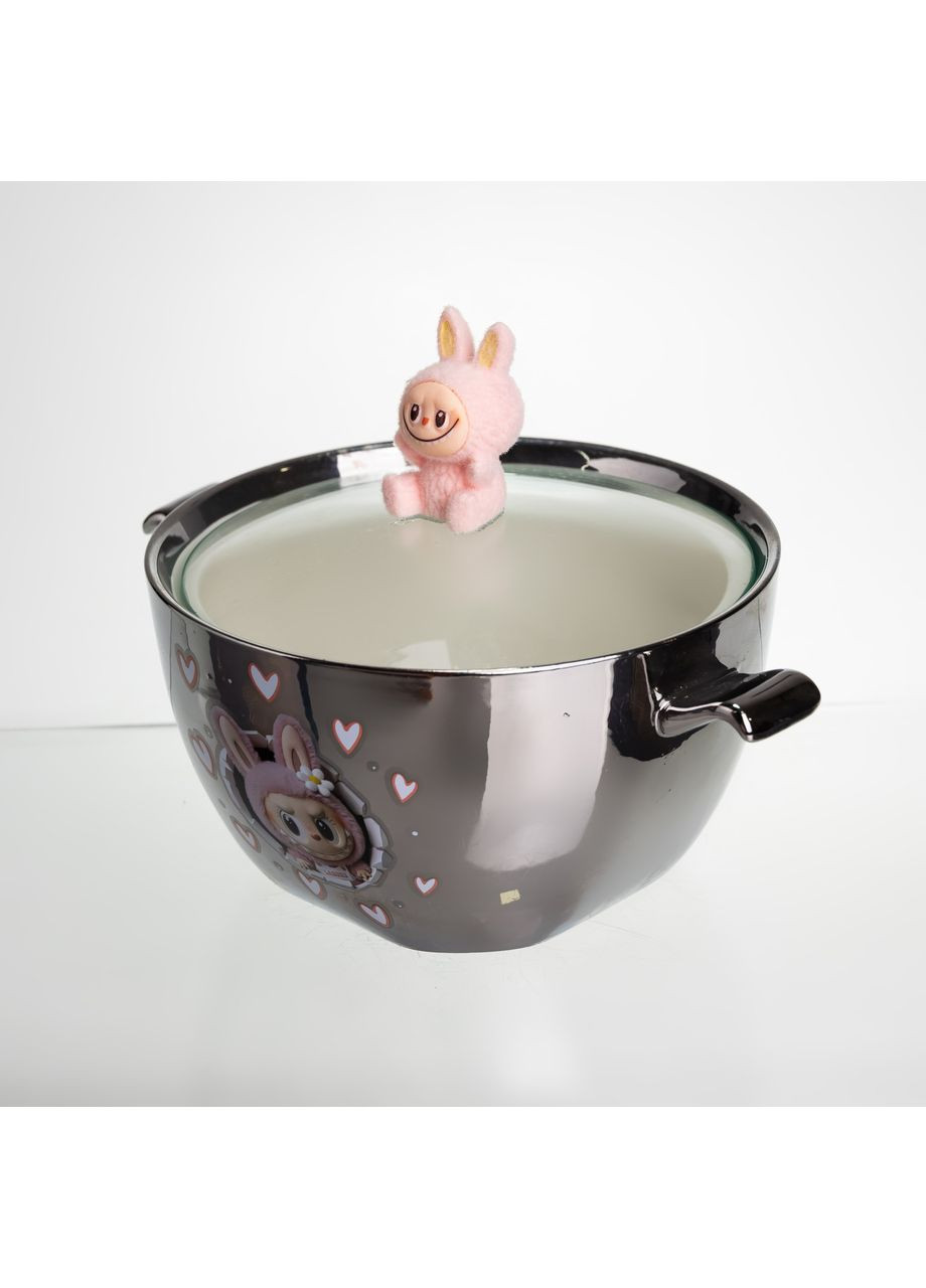 Бульйонниця порцелянова Labubu з кришкою та ручками 800 (мл) Ø15 (см) дитяча тарілка для супу та локшини Сріблястий з рожевим Yiwu (370800379)