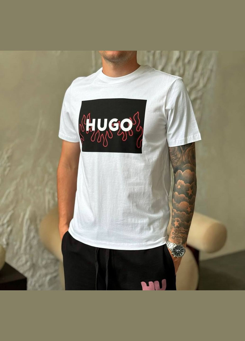 Белая мужская стильная белая футболка в стиле hugo | new collection! No Brand