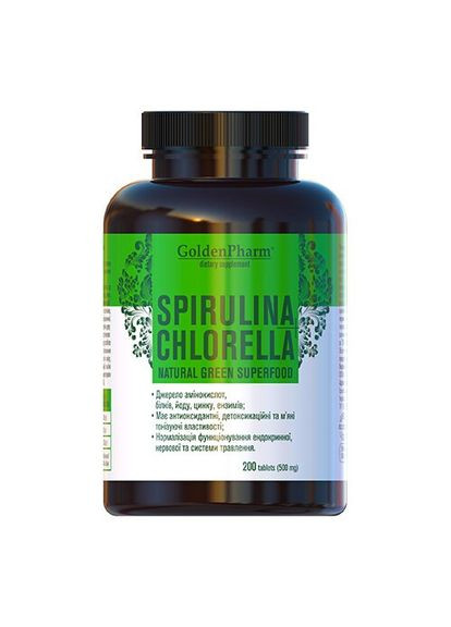 Натуральна добавка Spirulina + Chlorella, 200 пігулок Golden Pharm (324418970)