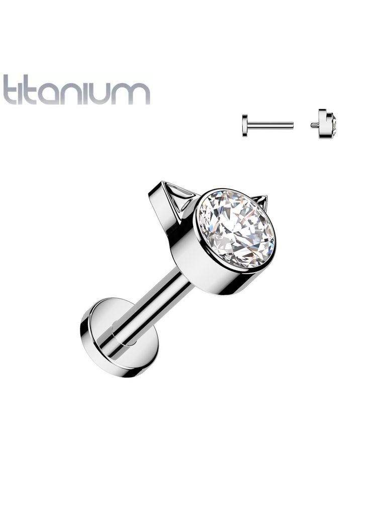 Сережка лабрет з титану для пірсингу вуха з котячими вушками TIL369-1606-C з фіанітами (Штанга: 6мм) Spikes (333698170)