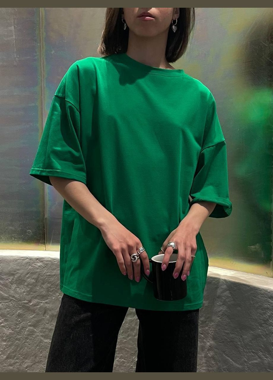 Зеленая летняя базовая футболка женская из хлопка t-shirt oversize с коротким рукавом JUGO SLOBO