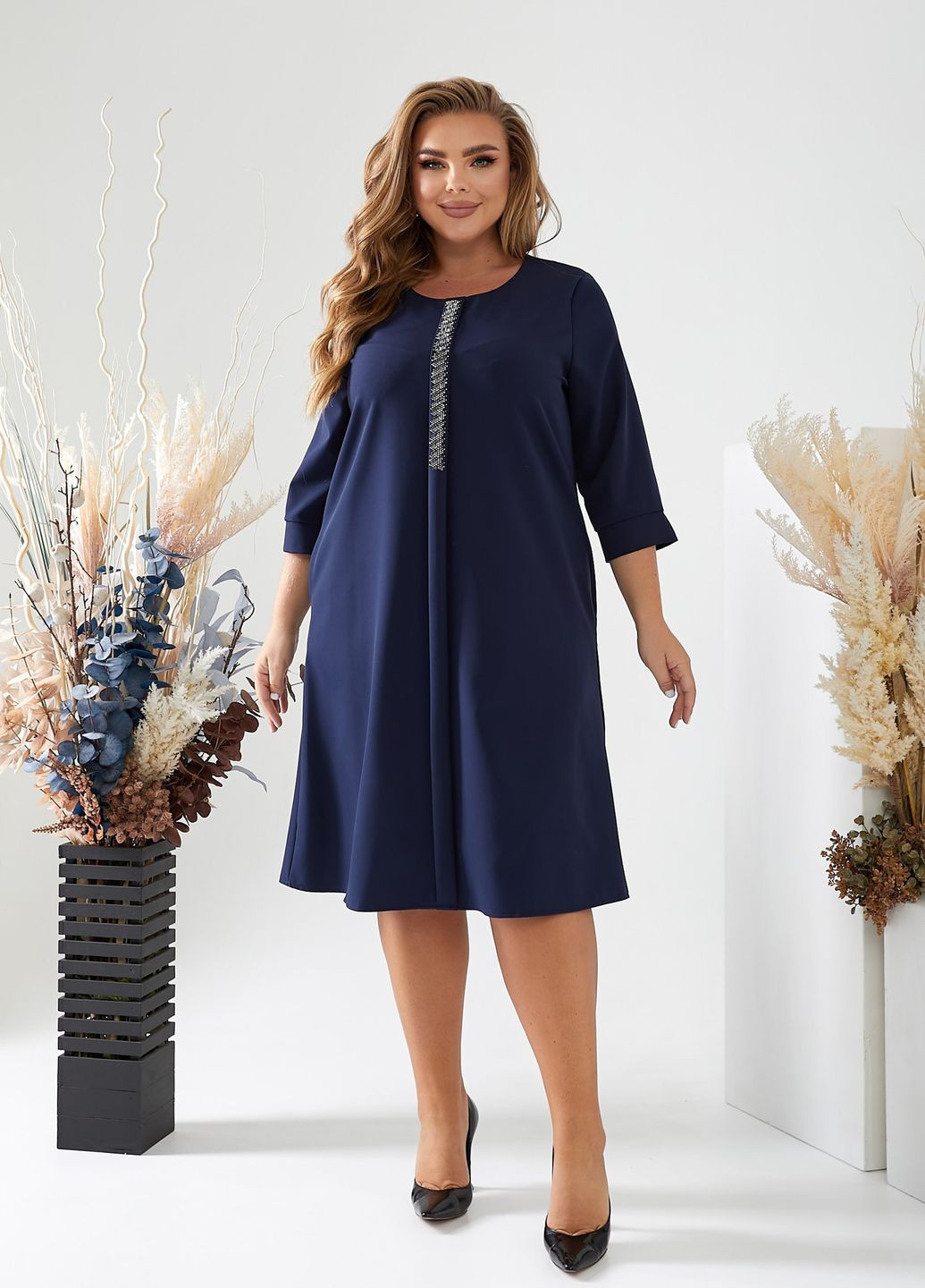 Темно-синя святковий, вечірня сукня вільного фасону а-силует міді з кишенями а-силует No Brand однотонна