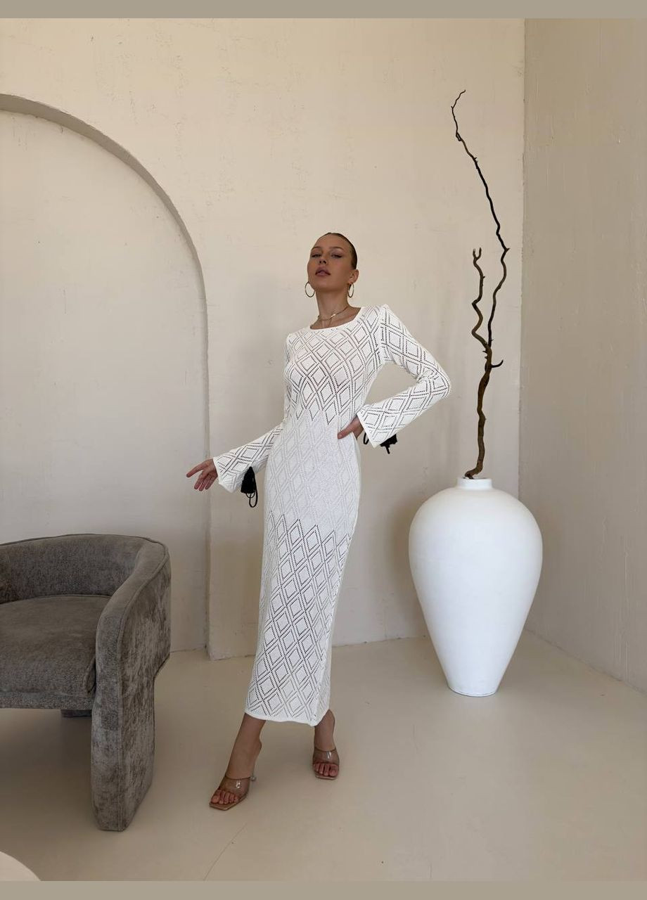 Білий коктейльна, вечірня сукня в’язана довга біла з відкритою спиною No Brand однотонна