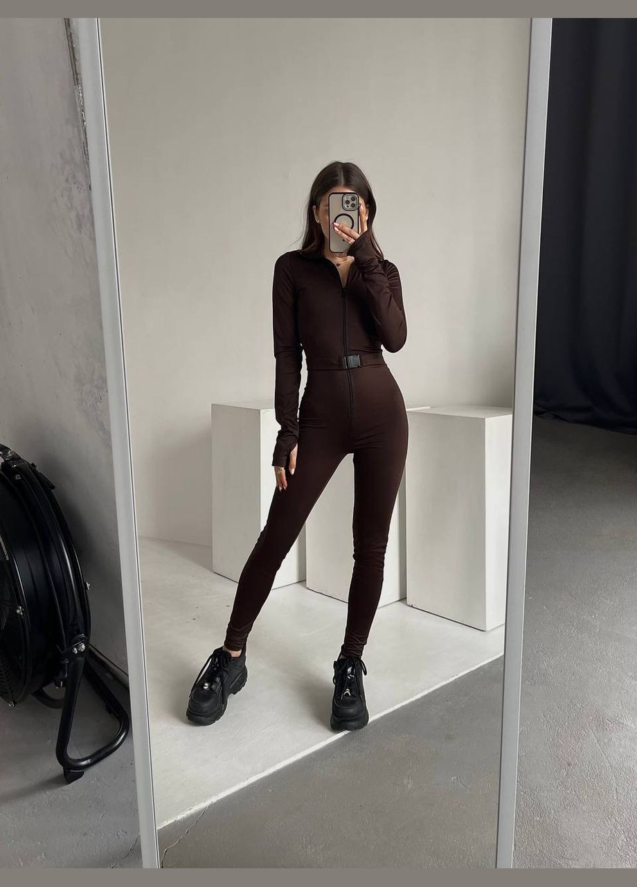 Шоколадний комбінезон з поясом, приталений, стильний та універсальний, ідеальний на вихід та загалом на кожен день No Brand 2363-1 однотонний коричневий