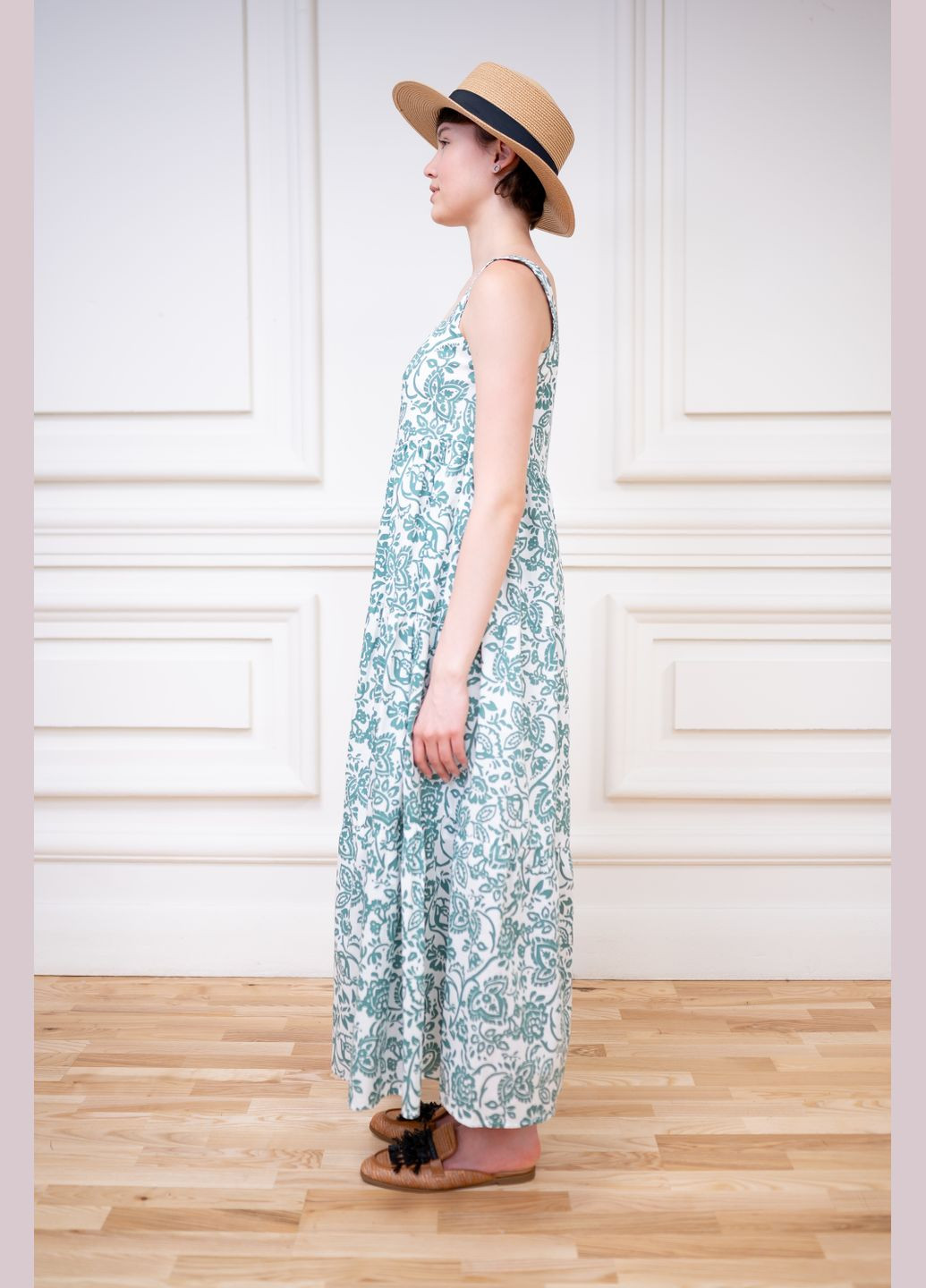 ЗЕЛЕНО-БІЛИЙ БАВОВНЯНИЙ САРАФАН З ПРИНТОМ ВІЛЬНОГО КРОЮ ЛУГА Dolcedonna (339681632)