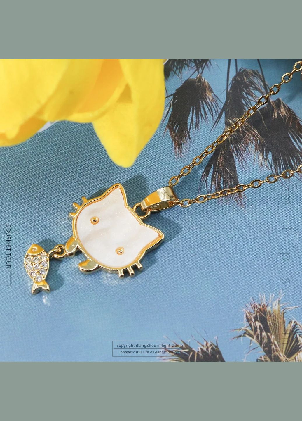 Женский золотистый кулон подвеска на цепочке Котик с рыбкой с белыми фианитами Liresmina Jewelry (293510432)