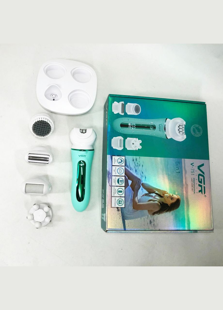 Епілятор 5 в 1 V-751, 5 насадок. Колір: зелений VGR (364666117)
