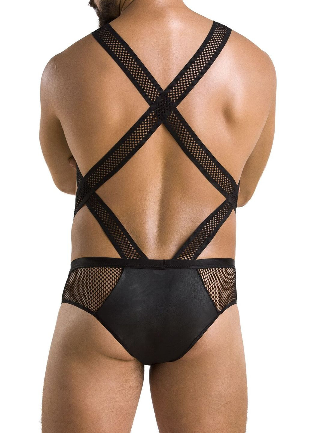 Мужское эротическое сетчатое боди Victor XXL/XXXL, черное, экокожа, сетка Passion (297587314)