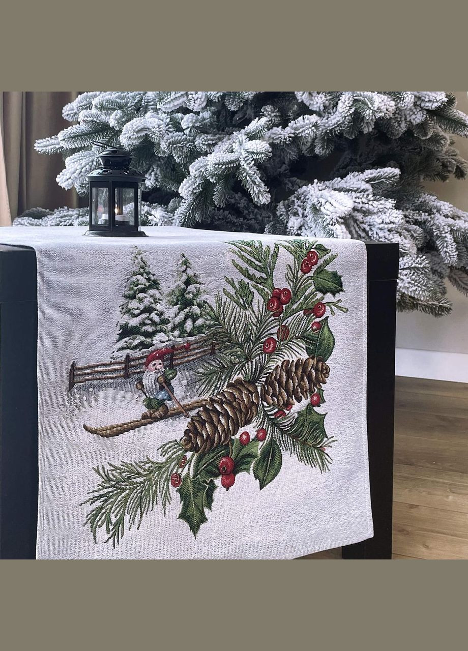Новогодняя дорожка на стол гобеленовая раннер с серебренным люрексом "Веселые гномы" 45, 140 Maystat (305411994)