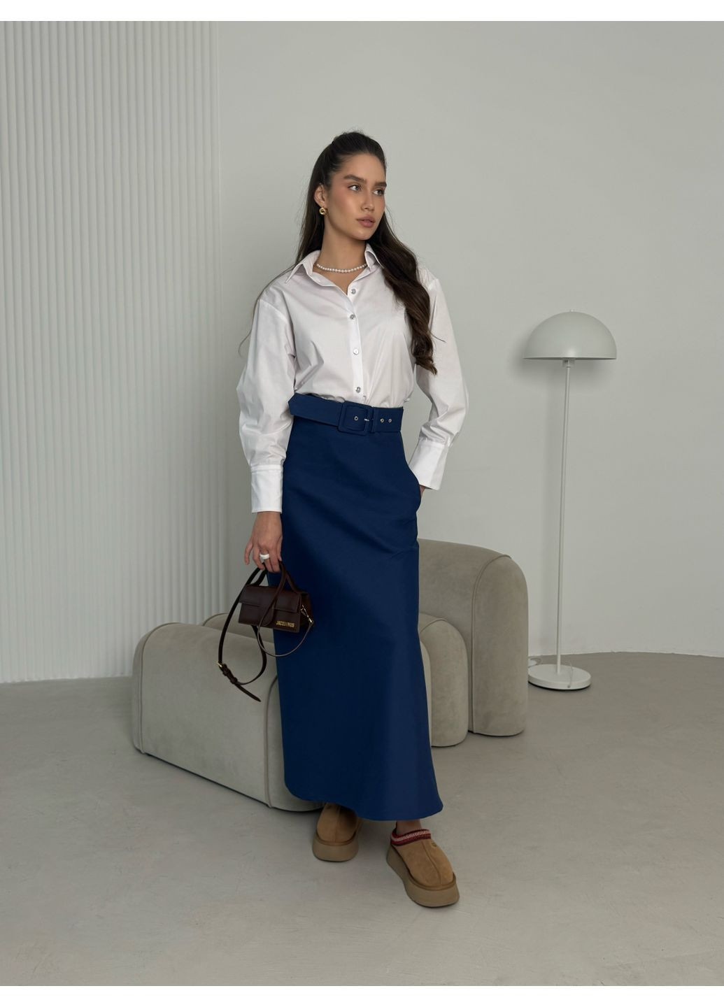 Синяя офисная, кэжуал однотонная женская юбка макси No Brand клешированная