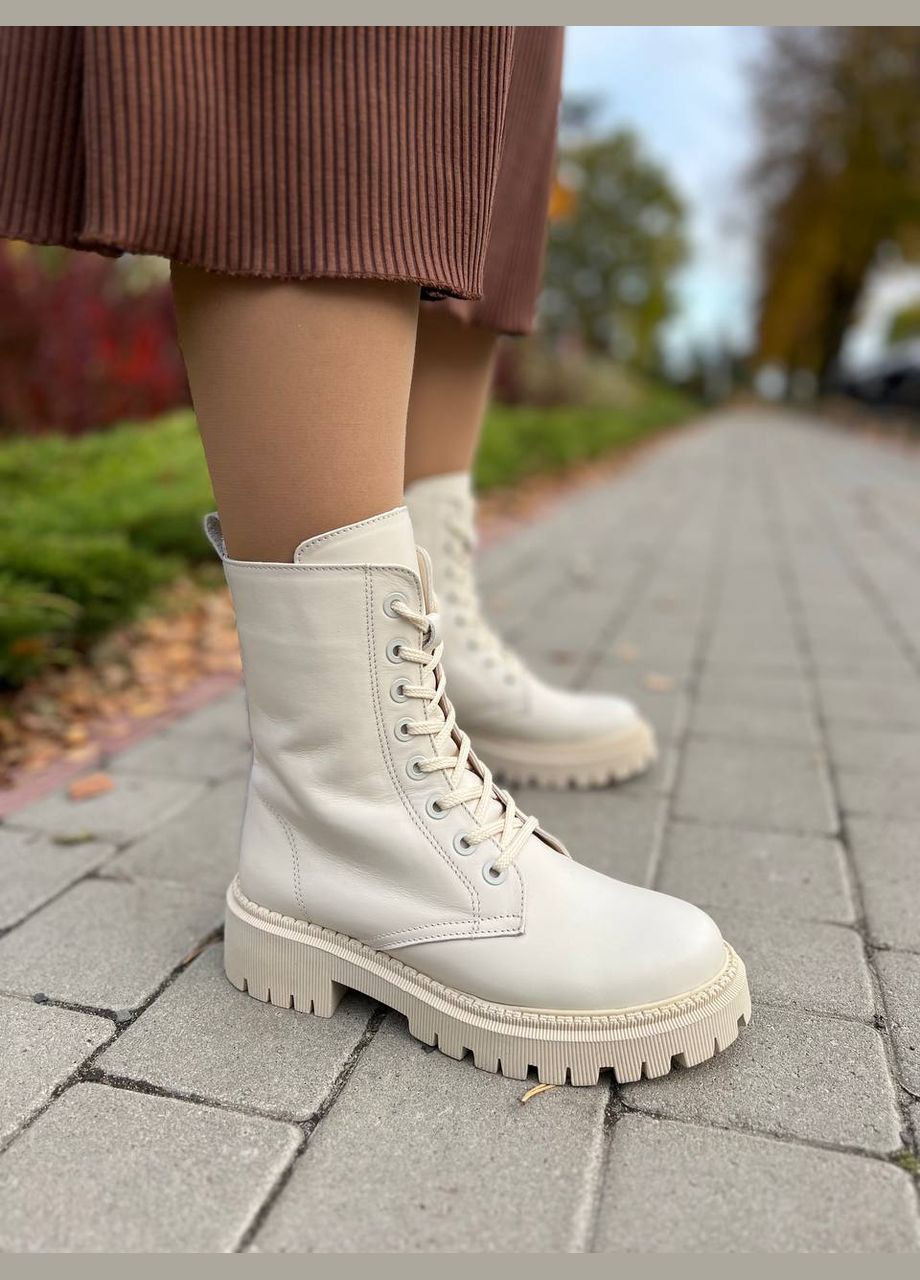 Зимние женские ботинки кожаные бежевые на меху (1019) No Brand