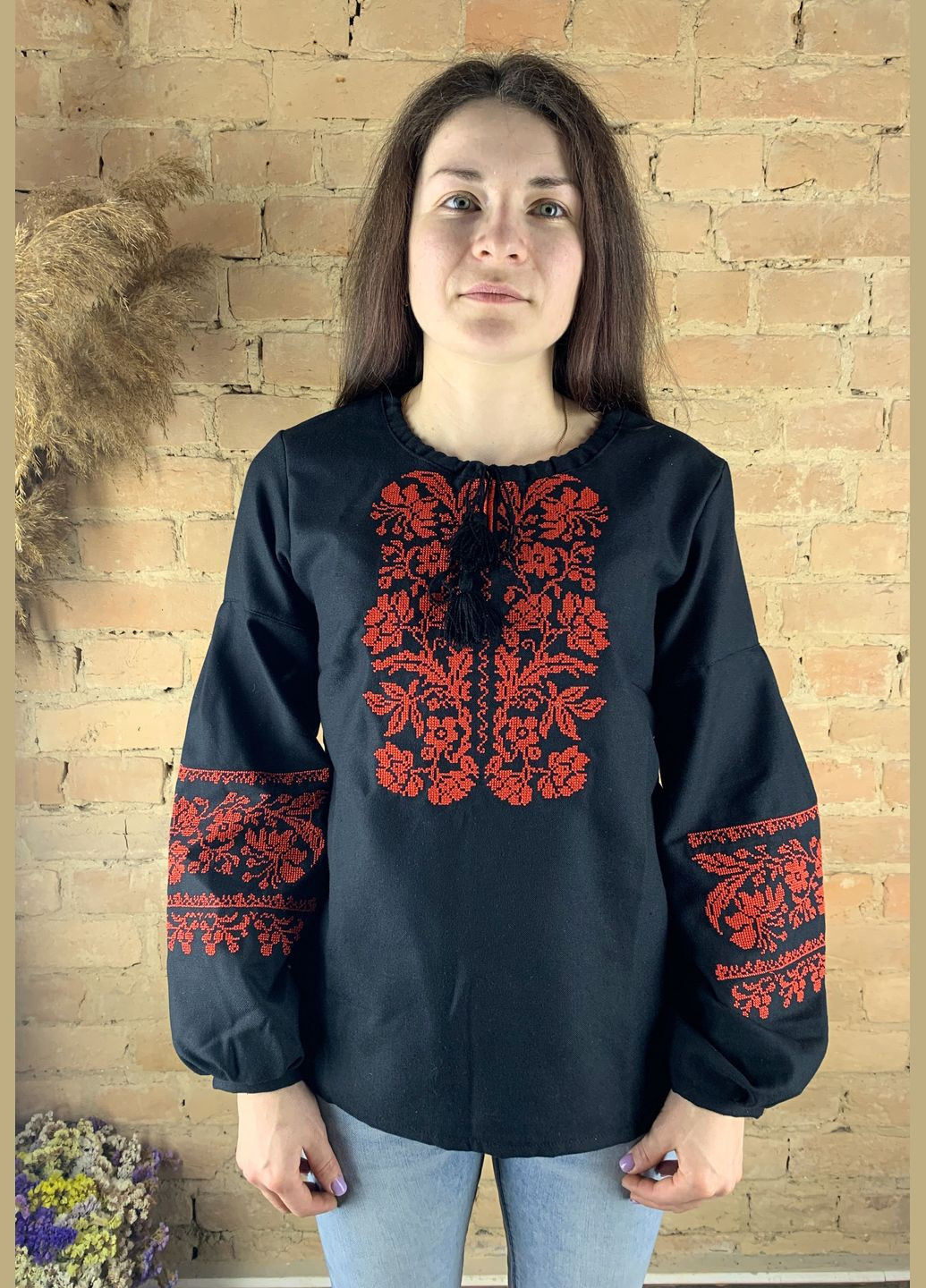 Чорна жіноча вишиванка чорна модерн НоКо візерунок квітковий вільна бавовна (307172893)