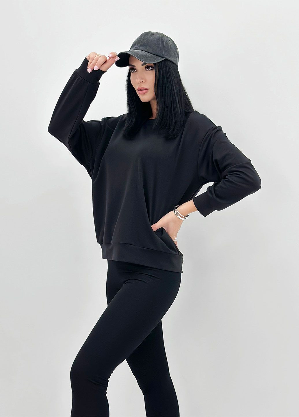 Базовый свитшот из двунитки Fashion Girl - Свободный, Прямой крой однотонный черный спортивный, повседневный, кэжуал двунитка - (290111735)