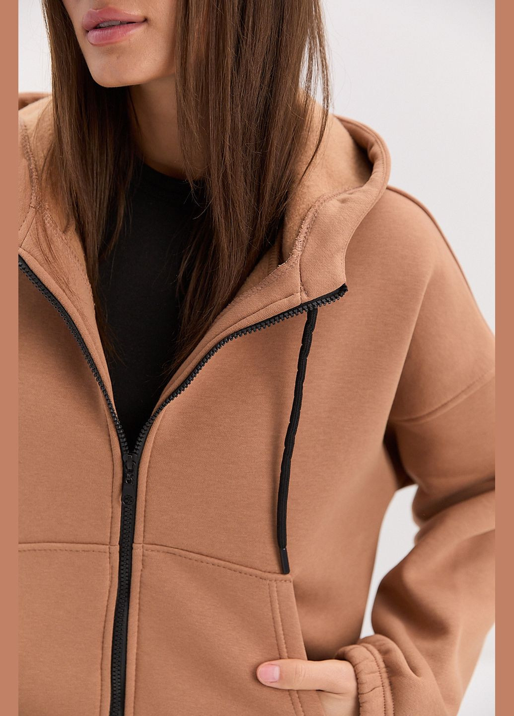 Бежевый теплая женская толстовка на молнии с кулиской внизу Arjen (314454617)