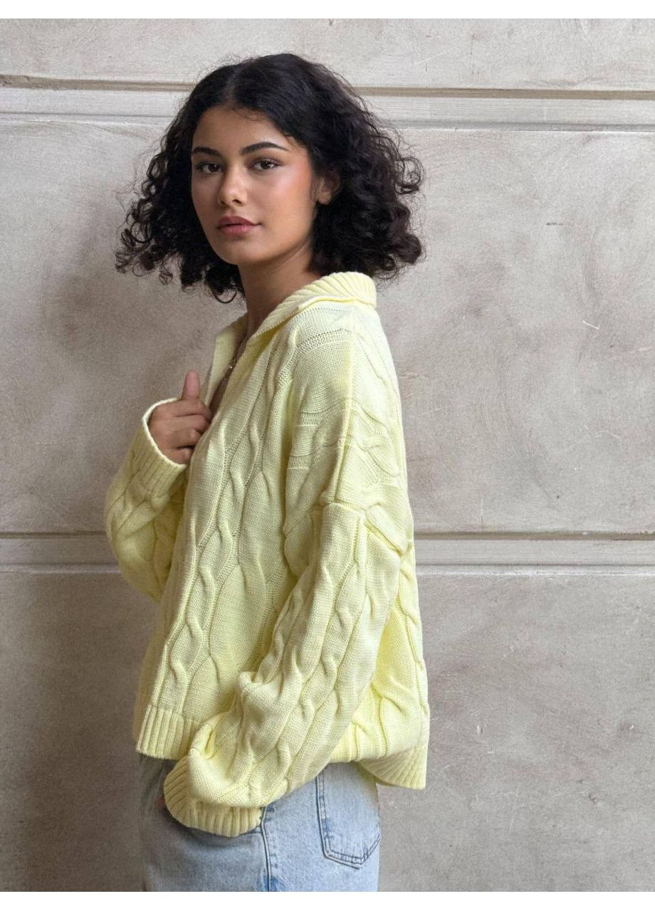 Желтый демисезонный 💥 оверсайз свитер с узором «косы» и воротничком-поло – идеальный стиль для холодного сезона! размерная сетка в описании GD/GL Модний простір