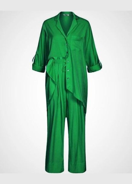 Комплект женский для дома и отдыха - рубашка на пуговицах и укороченные брюки M Зеленый "Травка" Garna (289362489)