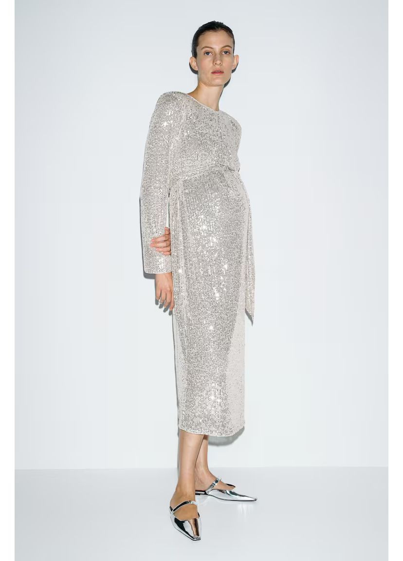 Серое платье серое mama с поясом, расшитым пайетками, размер м H&M однотонное