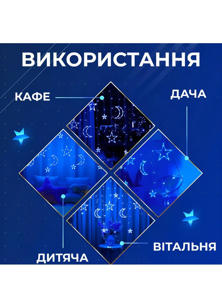 Гірлянда світлодіодна штора GarlandoPro зірка і місяць 108LED 3х0,9 м гірлянда зірка Синій Garlando (366964044)