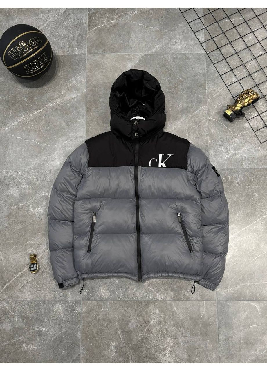 Серая теплый пуховик премиум качества No Brand