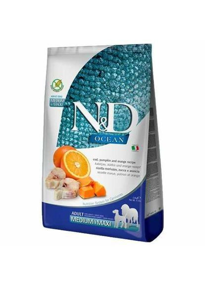 Беззерн. корм N&D Ocean Grain Dog Adult Medium/Maxi Cod, Pumpkin/Orange для средних пород, с треской, 2,5 кг Farmina (360544008)