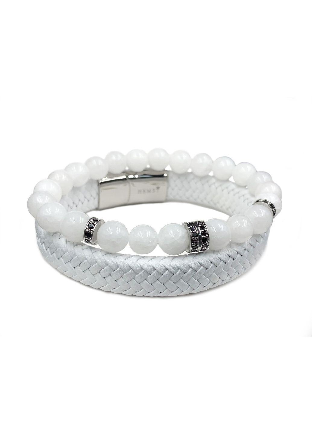 Комплект браслетов из кожи белого цвета и нефрита с дисками (12132) Hemst (302245297)