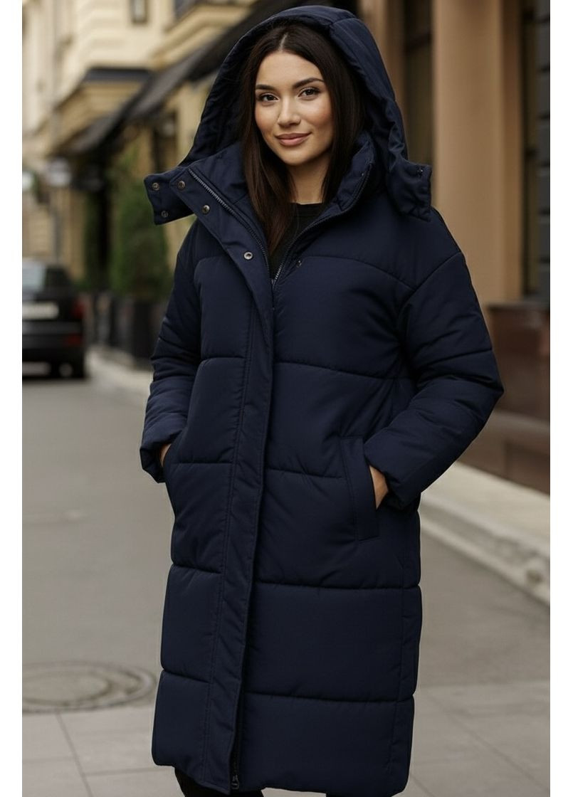Темно-синяя зимняя длинная зимняя куртка на синтепоне со съёмным капюшоном Nositi 4264-15Х