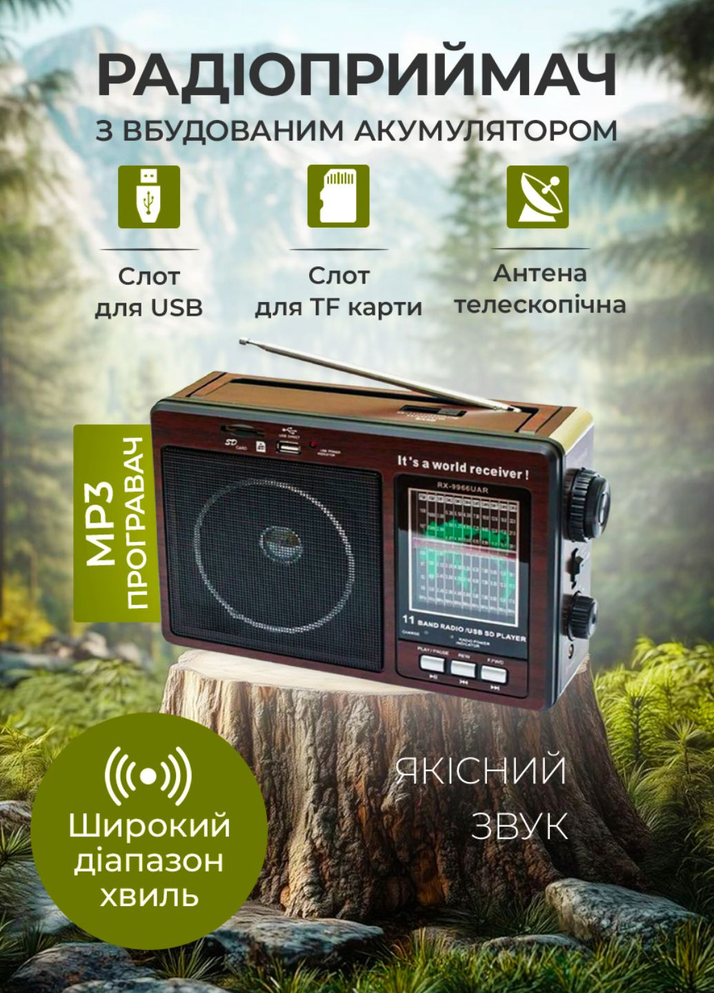 Портативный радиоприемник AM/FM/SW1-SW9 и MP3 работа от сети и аккумулятора с USB, SD, MICRO SD Україна (347234725)