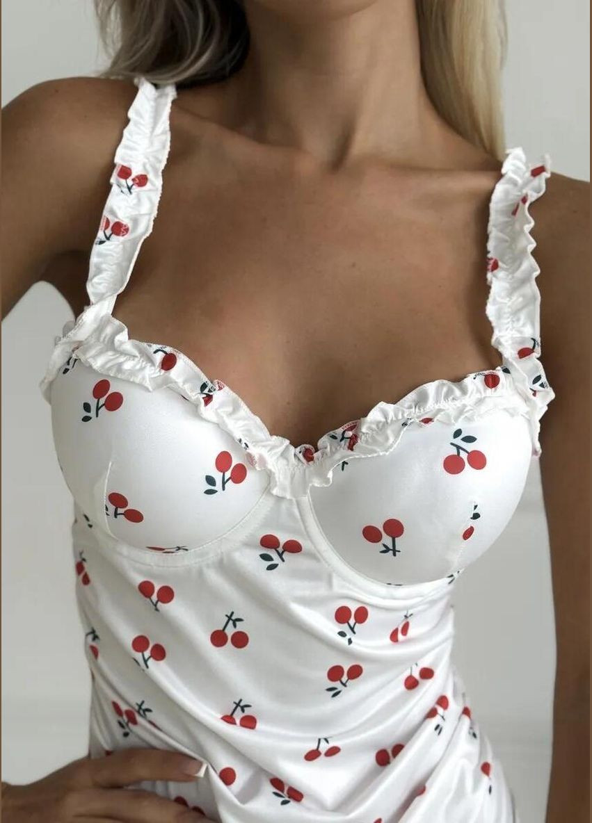 Жіночий спокусливий короткий пеньюар з принтом вишні літня ніжна сорочка з регульованими бретелями трусики в комплекті Cindylove (335413795)