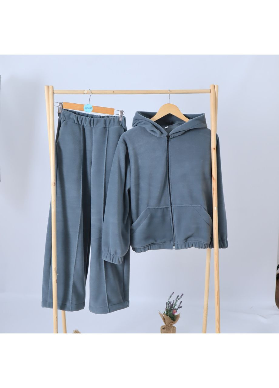 Серо-зеленый зимний детский теплый флисовый термо костюм (изюпка с капюшоном + штаны палаццо)серо-зеленый брючный No Brand