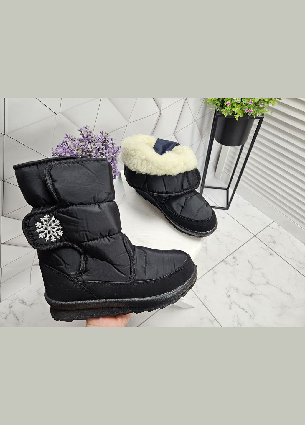 Зимние дутики сапоги зимние на меху черные со снежинкой на липучке (24 см) sp-2831-4 No Brand