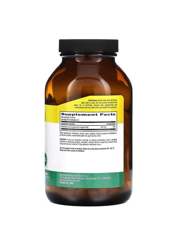 Магній Хелатний гліцинат, 400 мг, Chelated Magnesium Glycinate,, 180 таблеток (133 мг у таблетці) Country Life (343053091)