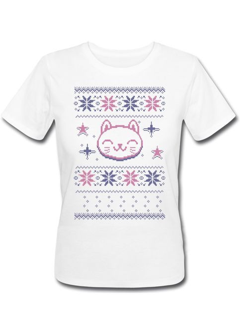 Белая летняя женская новогодняя футболка merry catmas (белая) Fat Cat
