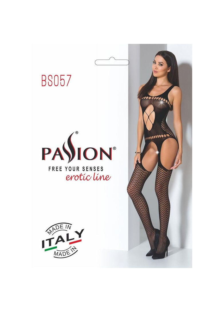 Еротичний бодістокінг BS057 black, комбінезон, імітація панчох і пояса, чорний костюм сітка Passion (292644007)