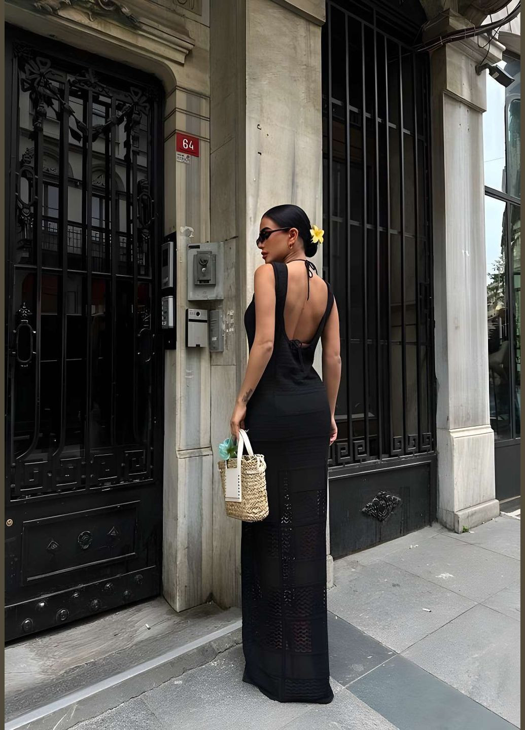 Летний женский женское ажурное длинное платье сарафан макси с открытой спинкой черное No Brand