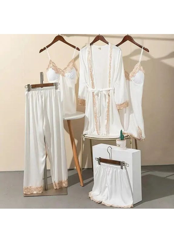 Белая всесезон атласная женская пижама 5в1, пижамный комплект anna из атласа с кружевными вставками чашечки с поролоном No Brand Атласна жіноча піжама 5в1 синя