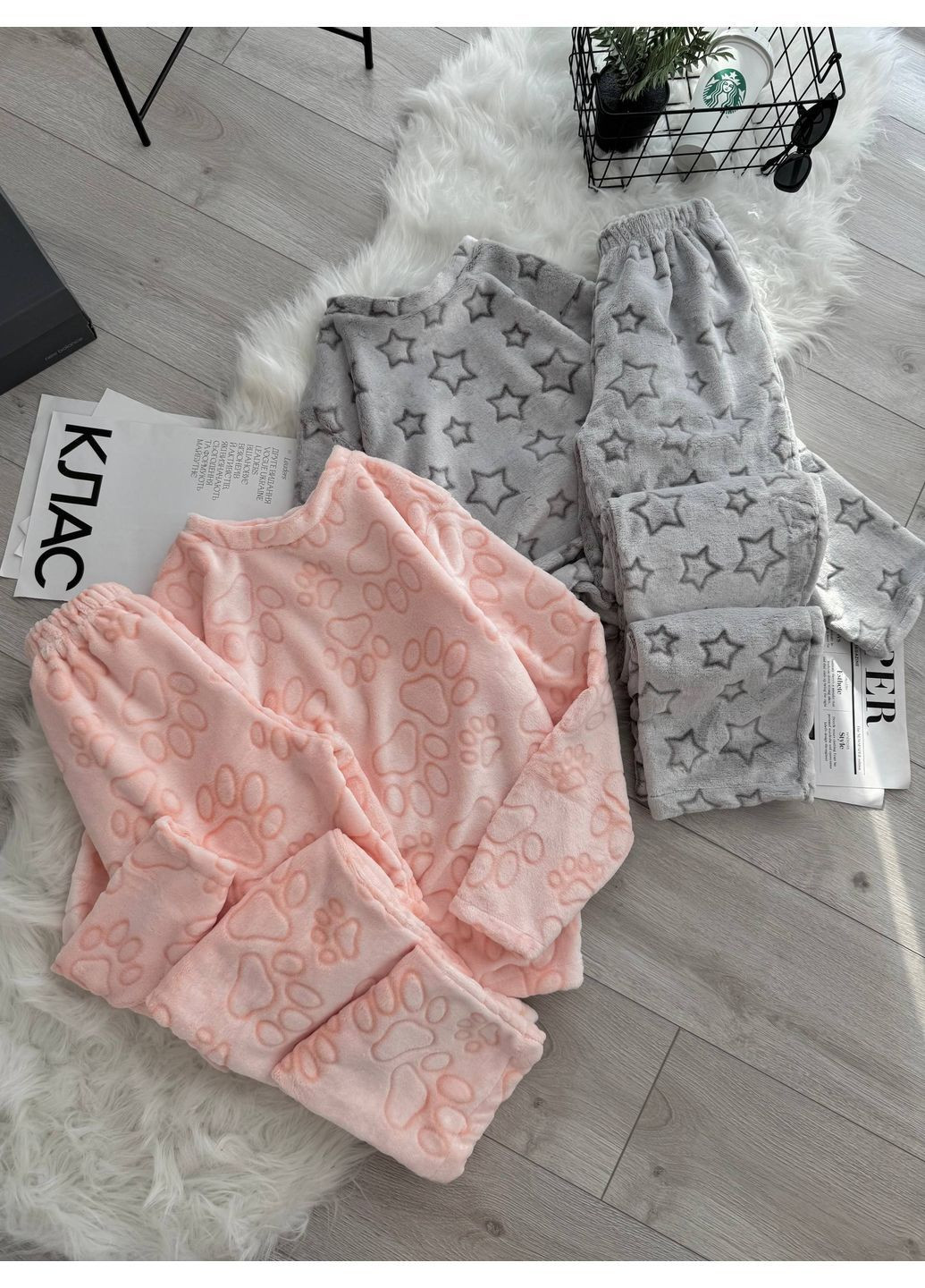 Персиковая зимняя пижама 0802 турецкая двухсторонняя махра брюки и кофта Україна