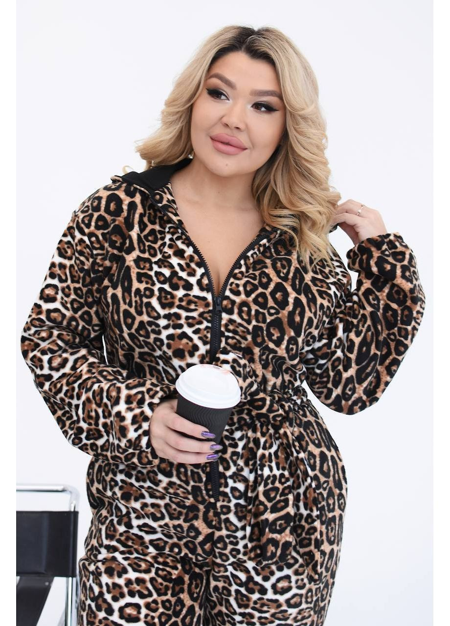 Комбінезон жіночий на блискавці Style Point комбінезон-брюки леопардовий бежевий повсякденний, кежуал фліс