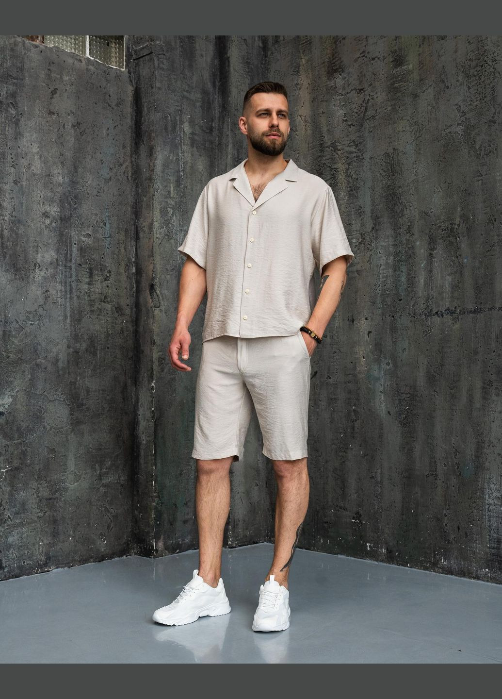 Бежевий літній комплект чоловічий лляний "aero" сорочка + шорти бежеві з сорочкою, з шортами Intruder