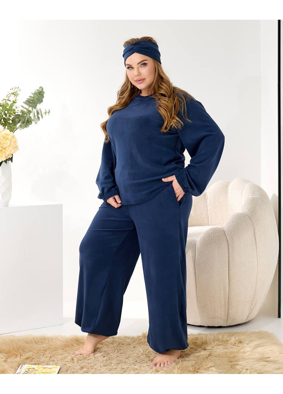 Синя зимня домашній костюм з мікрофлісу + чалма 🤍🤍🤍 кофта + брюки Україна