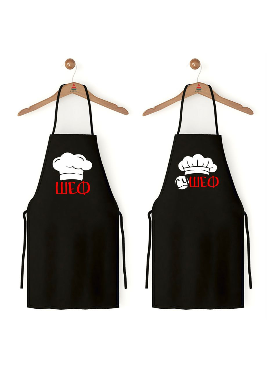 Парні фартухи чорні з габардину з оригінальним принтом "Шеф. СуШеф" Кавун (316112836)