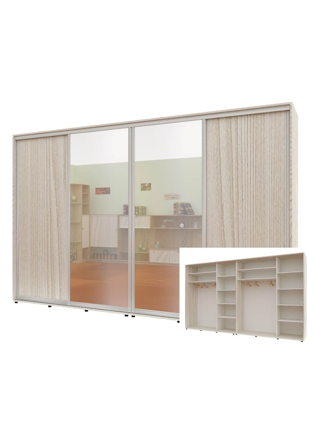 Шкаф-купе четырехдверный Комфорт Мебель 360*45*210 см Дуб Беленый ДСП + Зеркало + Зеркало + ДСП Стандарт Комфорт Меблі (360435177)