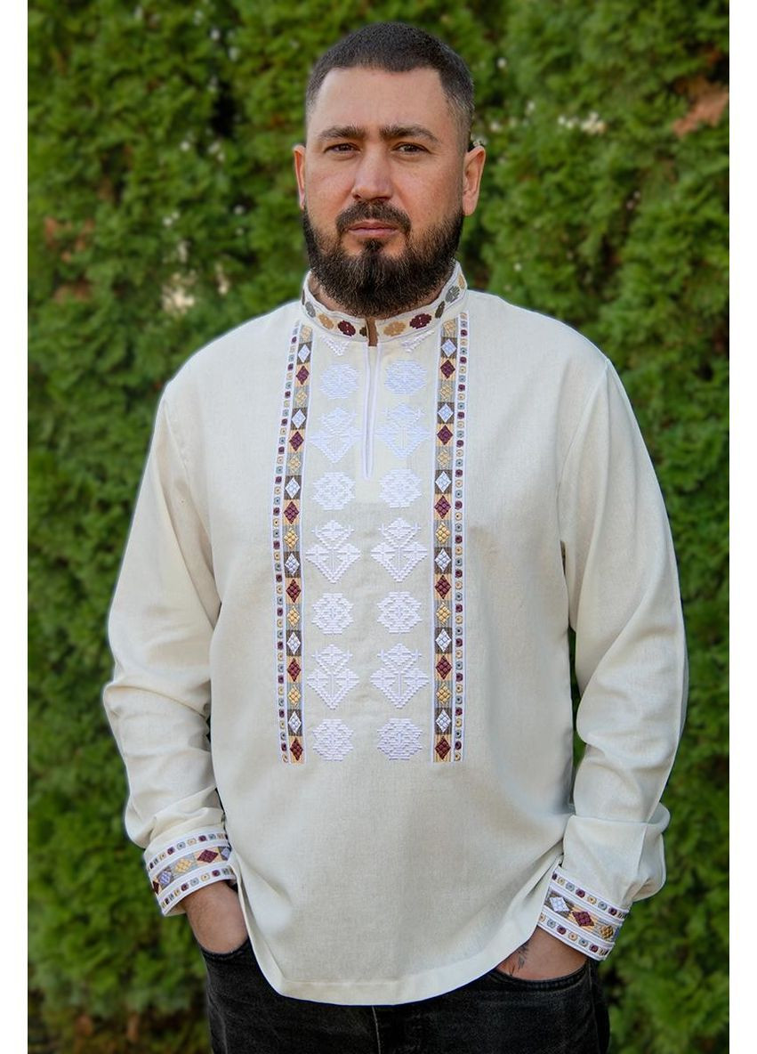 Молочная мужская льняная вышиванка с геометрической вышивкой этническая рубашка V&V узор орнамент прямой, приталенная, свободная лен (369378589)