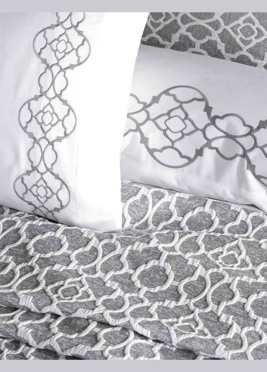 Набор постельного белья с вышивкой и жаккардовым покрывалом Victoria gri серый евро Dantela Vita (285778838)