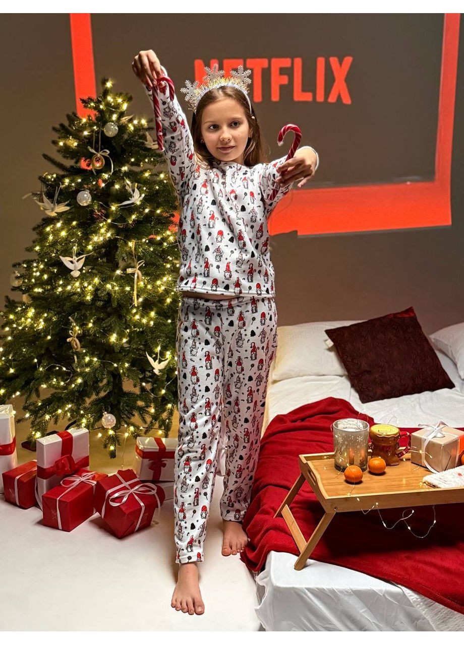 Біла всесезон святкова дитяча піжама з м’якого турецького флісу — заміри в описі кофта + брюки GD/GL Модний простір