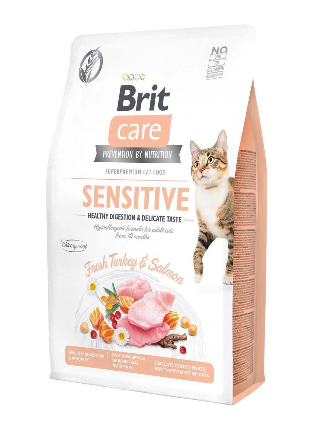 Сухой корм для привередливых кошек Cat GF Sensitive Digestion & Delicate Taste с индейкой и лососем 2 кг Brit Care (286472695)