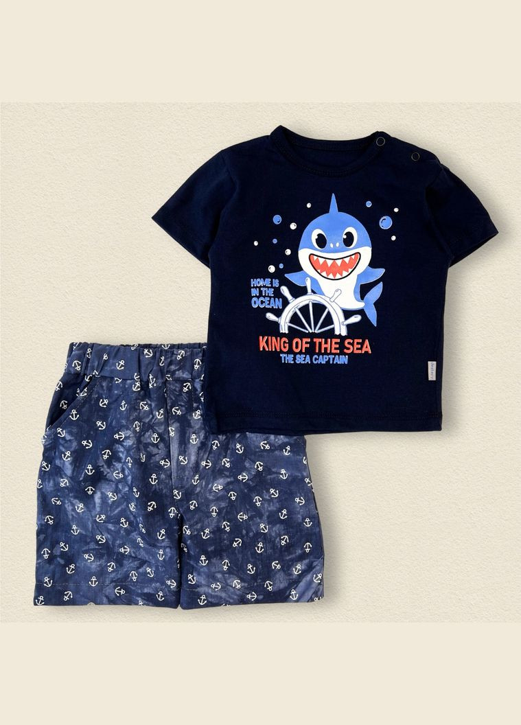 Темно-синій літній комплект для хлопчика шорти футболка акуленок темно-синій dexter's