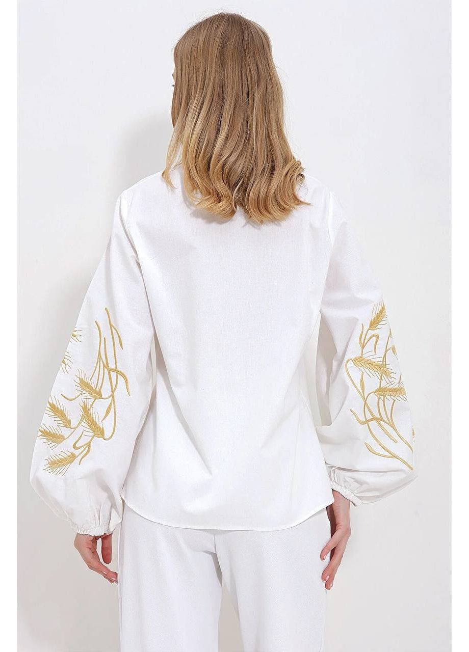 Біла колоритна біла сорочка вишиванка з колосками на гудзиках, жіноча рубашка з вишитим колоссям, етно сорочка з вишивкою візерунок українська символіка вільна бавовна, поліестер (350909639)