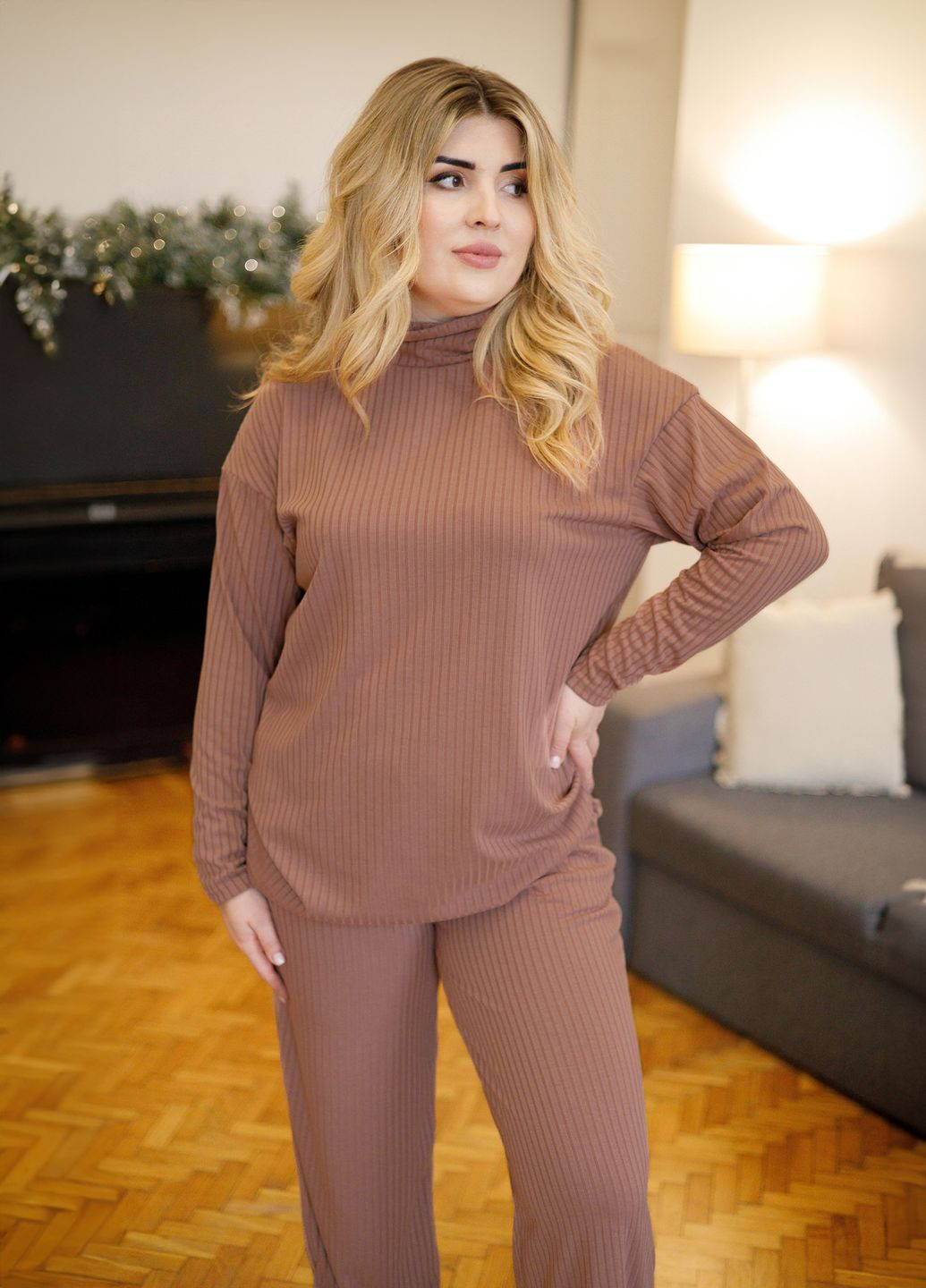 Трикотажный костюм женский демисезонный оверсайз в рубчик в рубчик No Brand (362660012)