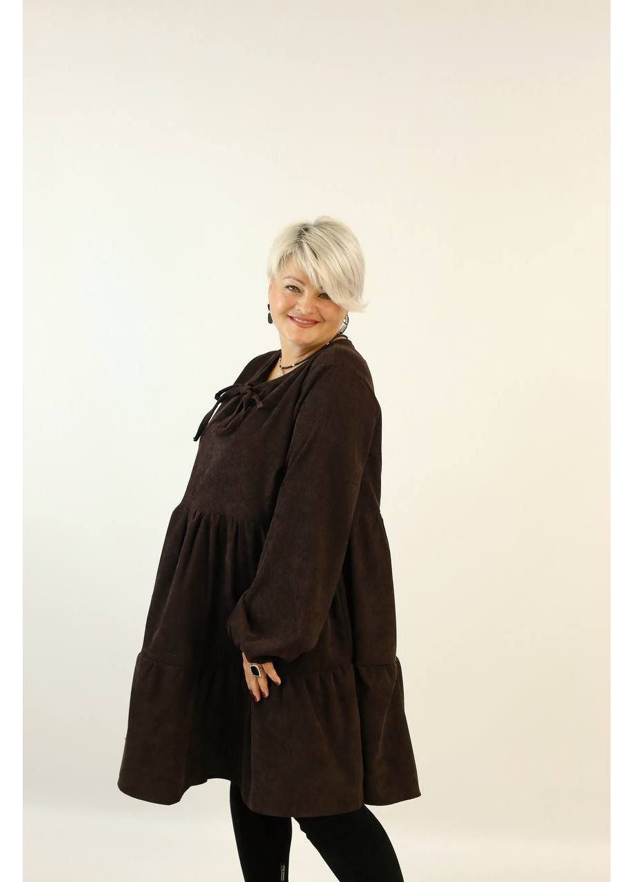 Коричневое праздничный, повседневный, кэжуал, деловое женское платье с воланами а-силуэт Style Point однотонное