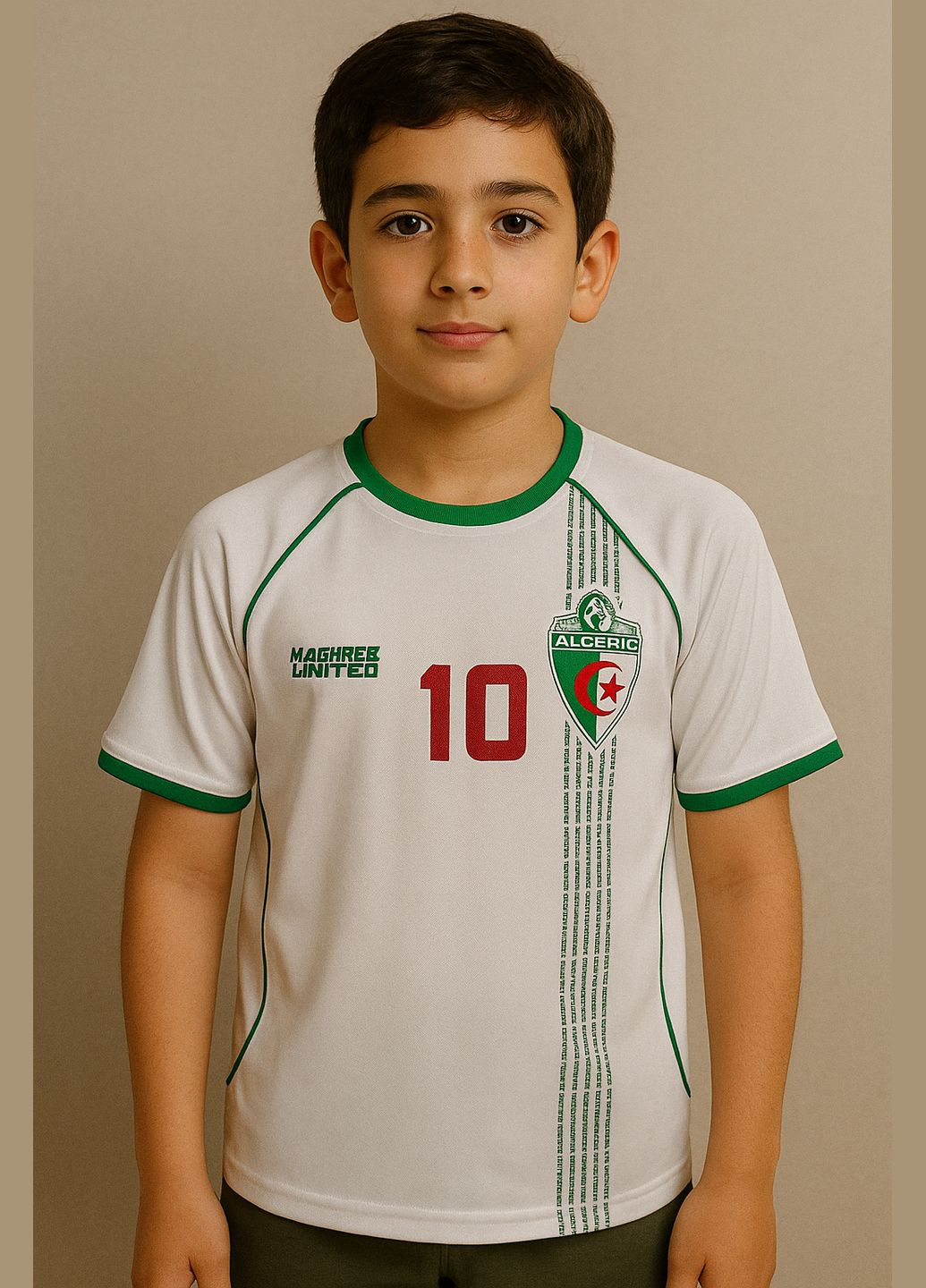 Белая демисезонная детская спортивная футболка "algeriс/", белая с зеленым и красным принтом. Maghreb United